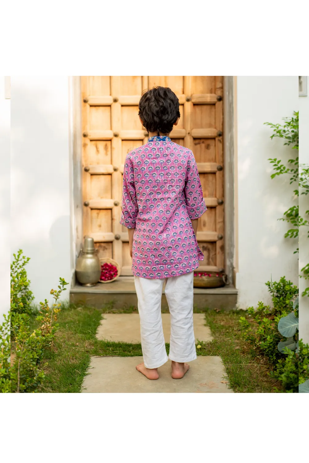 Purple And Blue Floral Printed Cotton Kurta With Pant Set