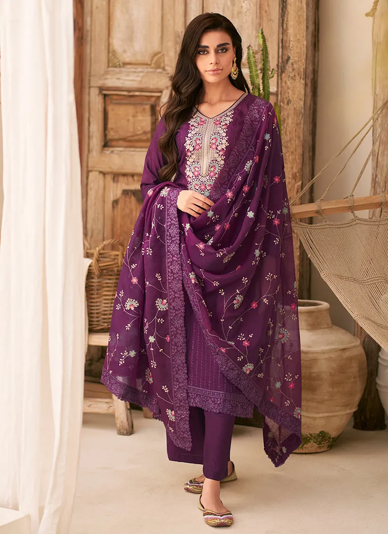 Purple Multi Floral Embroidery Pant Style Suit