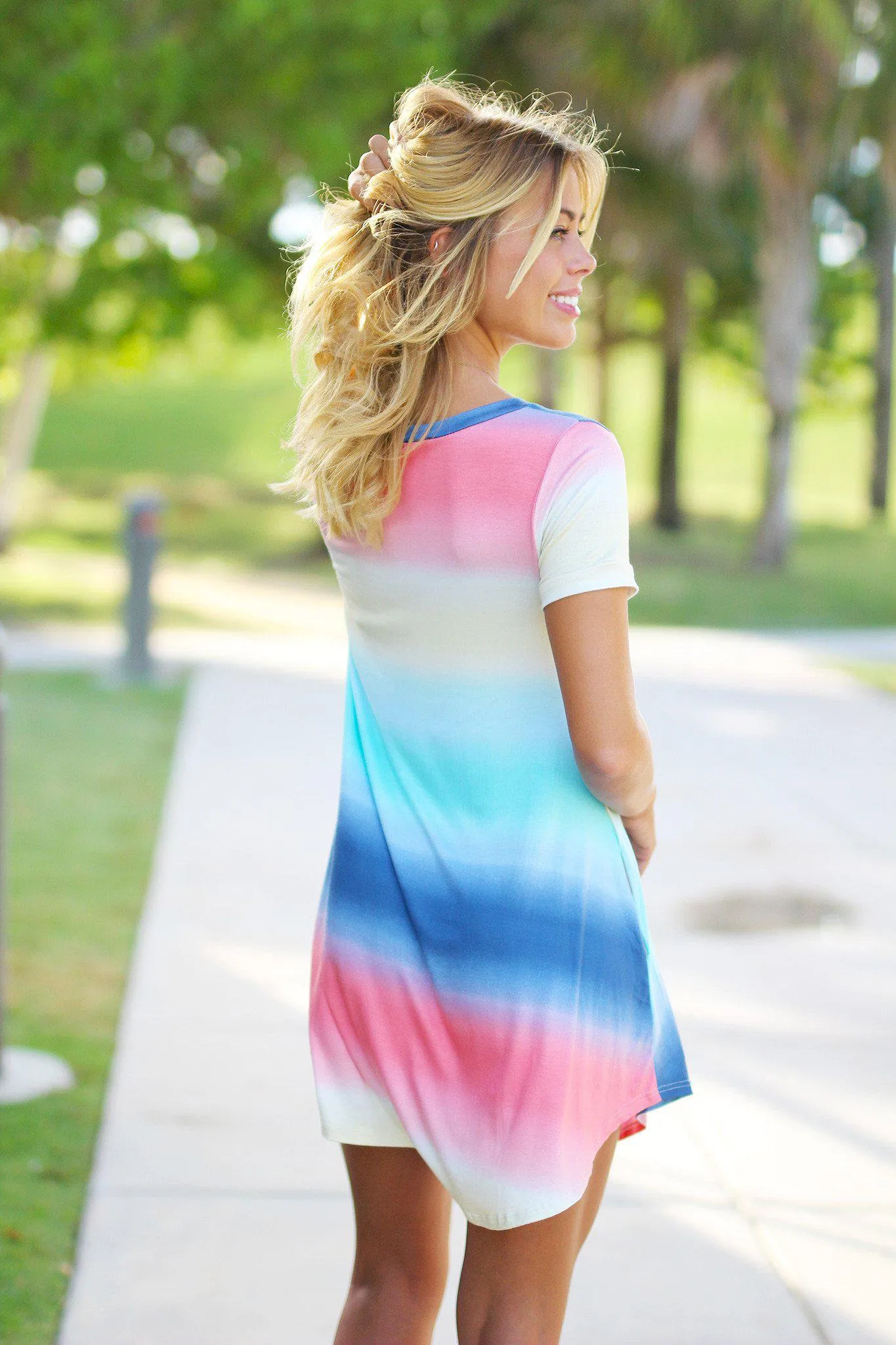 Rainbow V-neck Short Dress with Pockets