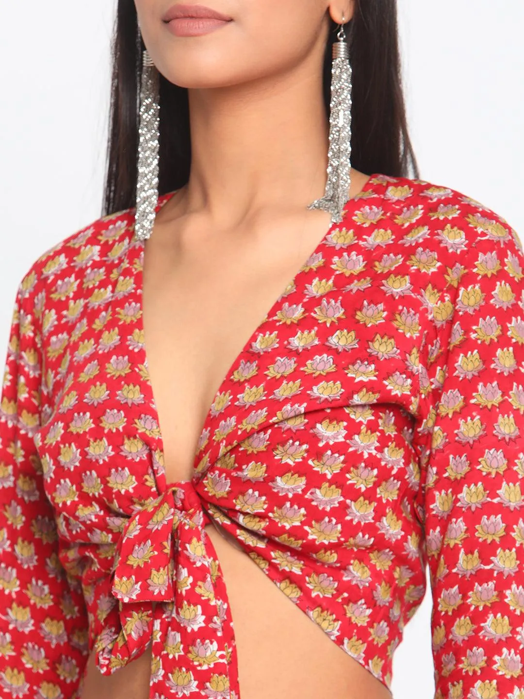 Red Hand Block Printed Tie Up Silk Blouse