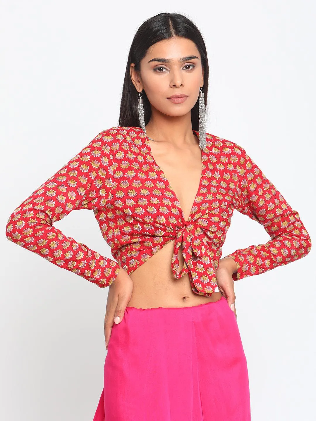 Red Hand Block Printed Tie Up Silk Blouse