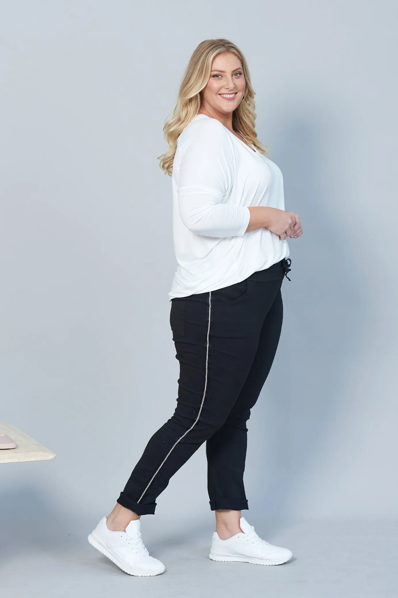 Rhinestone Side Stripe Crinkle Jogger Black