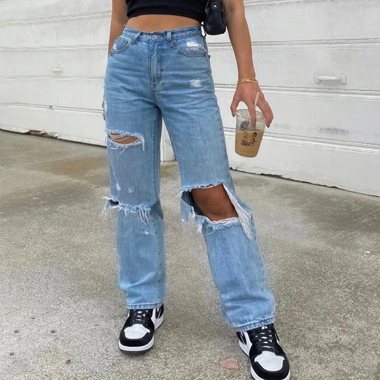 Ripped Button Fly Mid Waist Straight Leg Denim Jeans