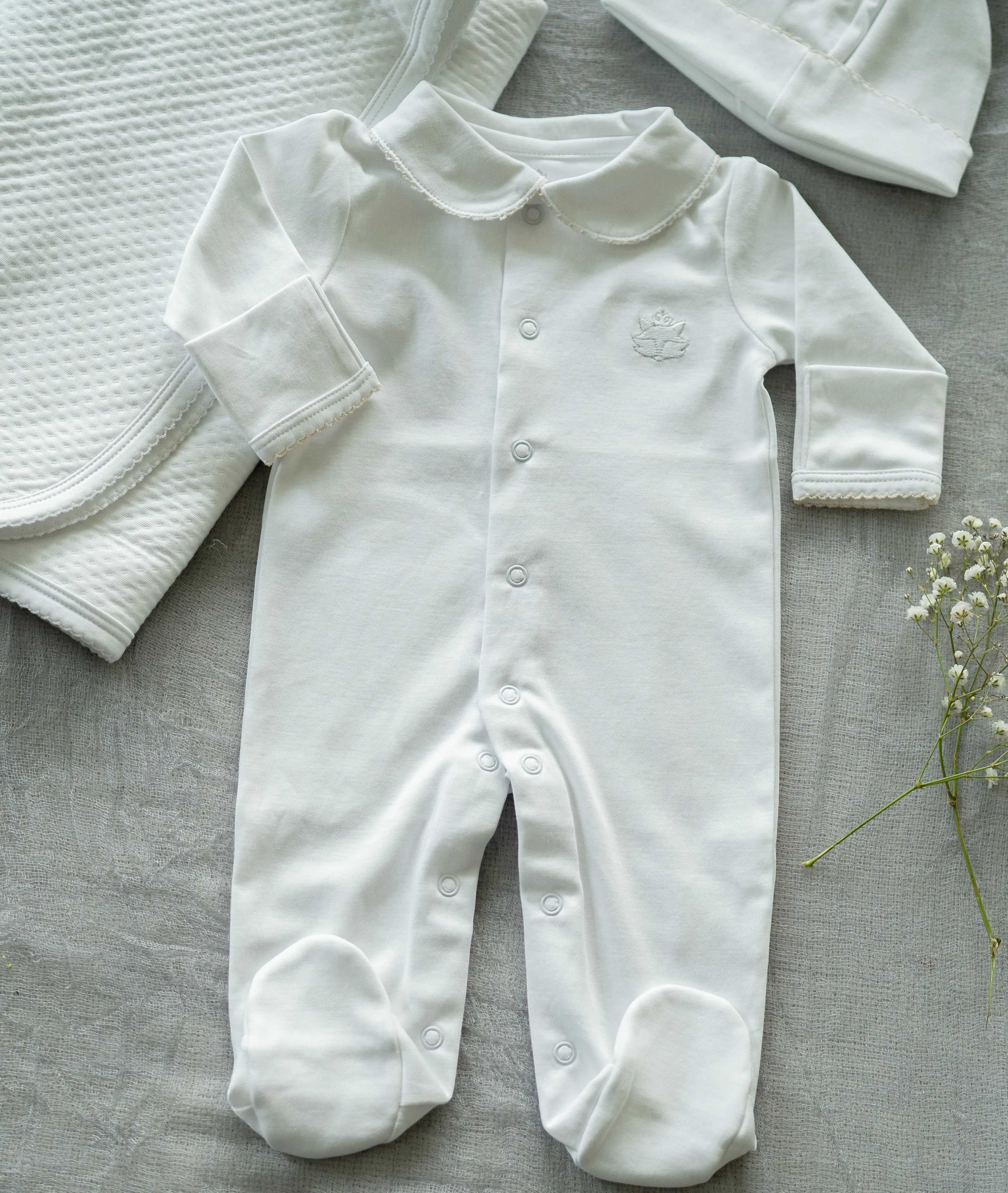 Sand Pima Cotton Romper with Hand-Embroidered Neckline | Elegant Baby Outfit