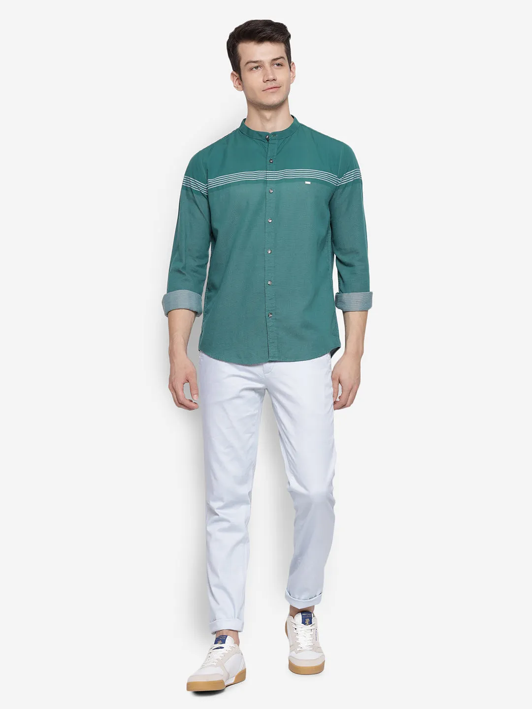 Self Design Green Slim Fit Casual Shirt