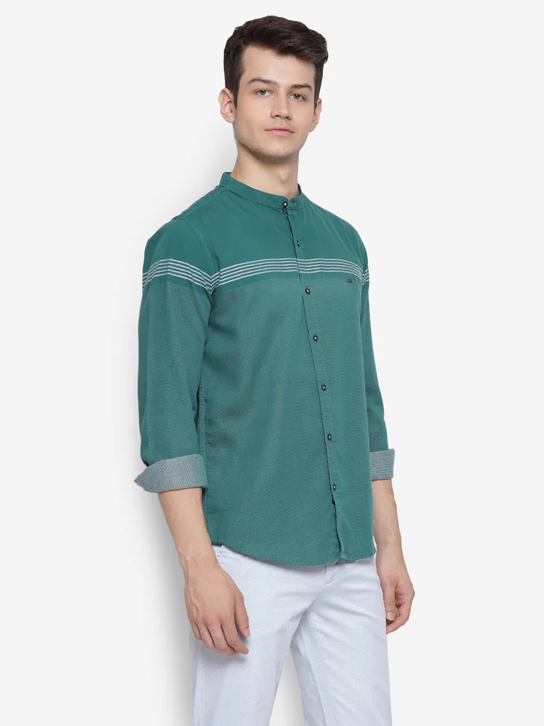 Self Design Green Slim Fit Casual Shirt