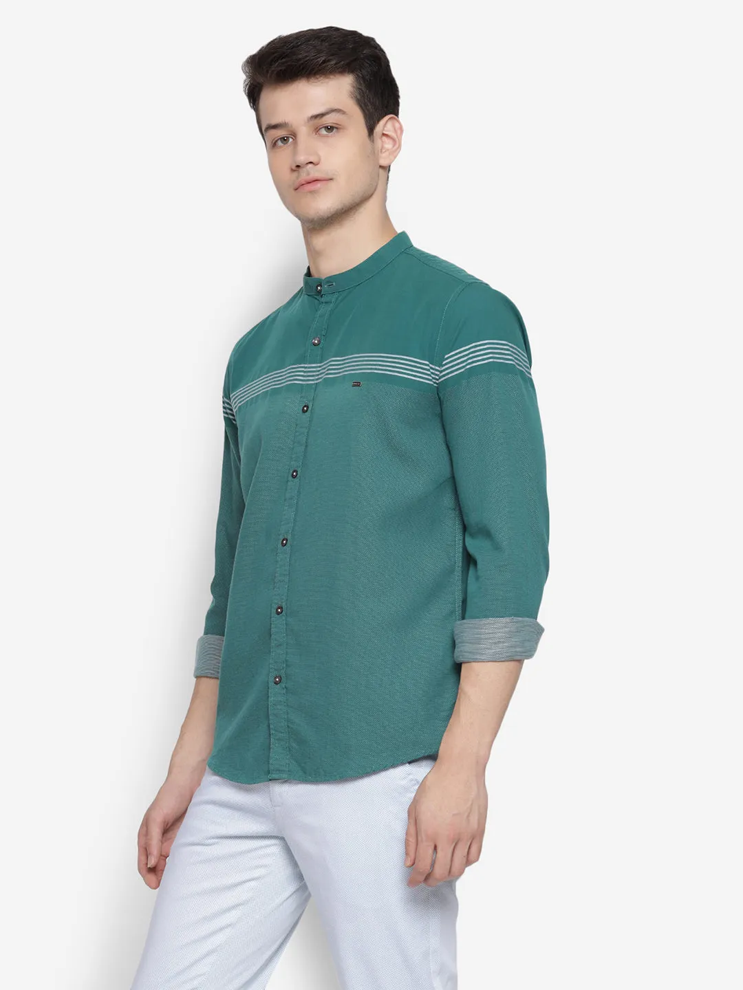 Self Design Green Slim Fit Casual Shirt