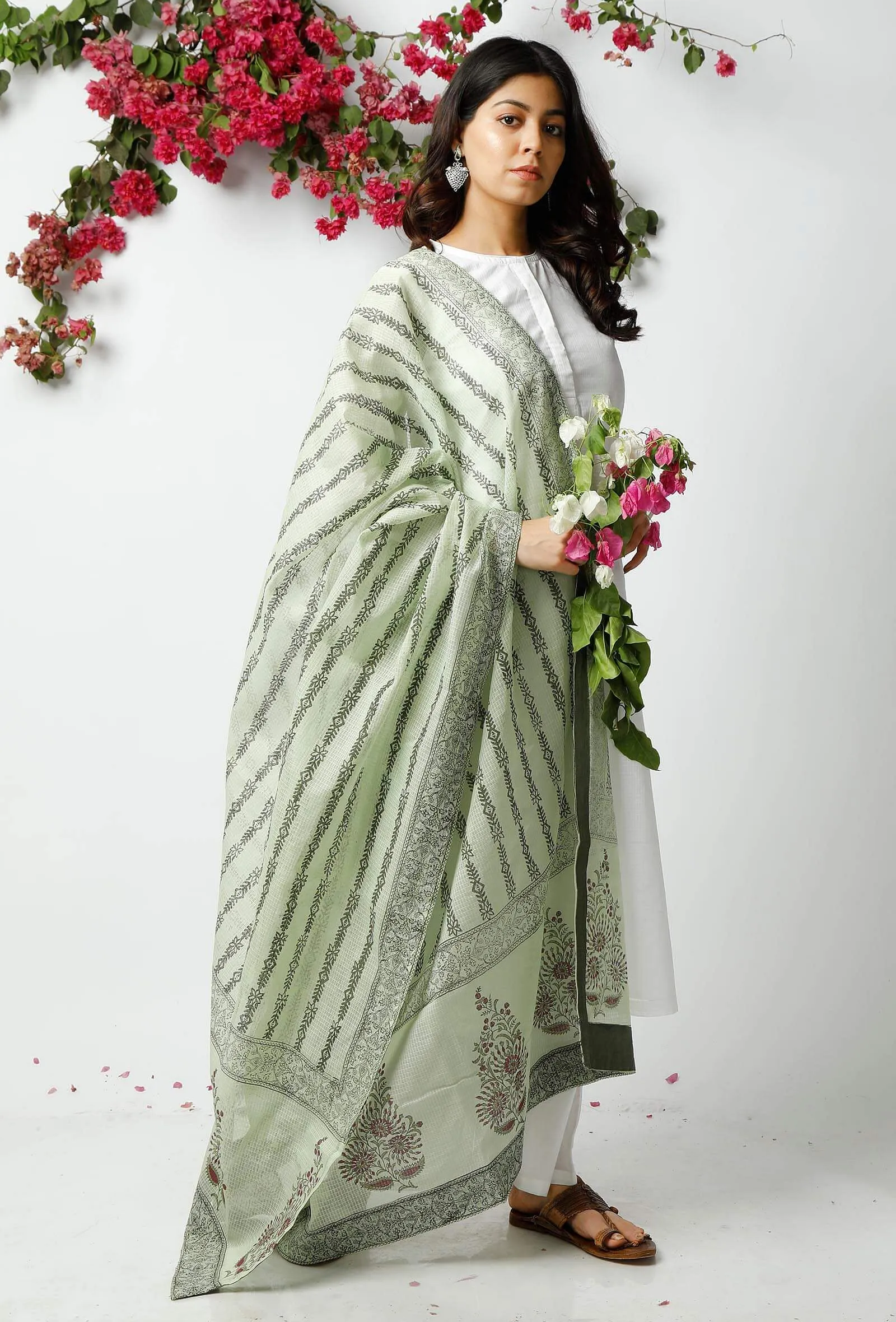 Set of 3: The Tasteful light green Kota Dupatta matched with The Flawless White Kota Kurta and White Pant