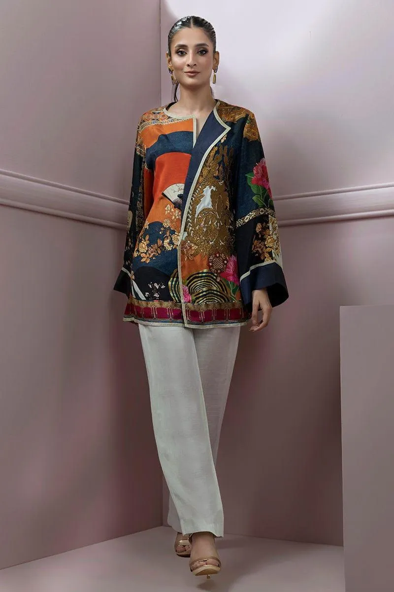 Shamaeel - Silk Embroidered Jacket Style Top with Silk Ivory Pants