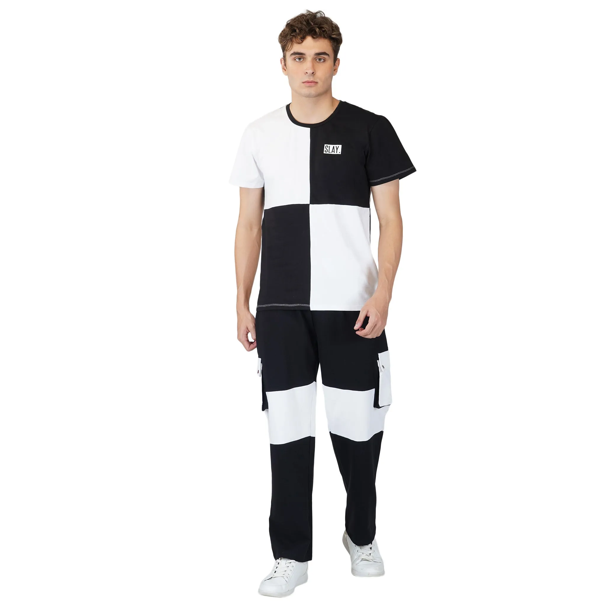 SLAY. Men's Black & White Colorblock Utility Cargo Pants