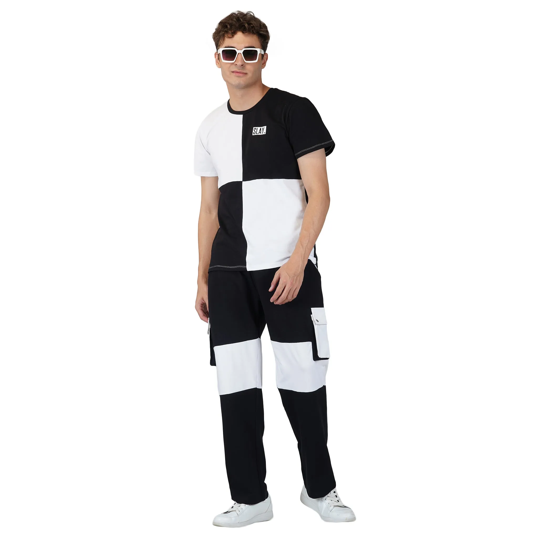 SLAY. Men's Black & White Colorblock Utility Cargo Pants