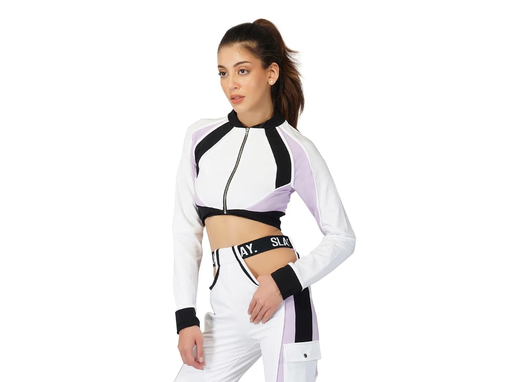 SLAY. Women's Activewear Crop Jacket Lavender Lilac Colorblock Streetwear