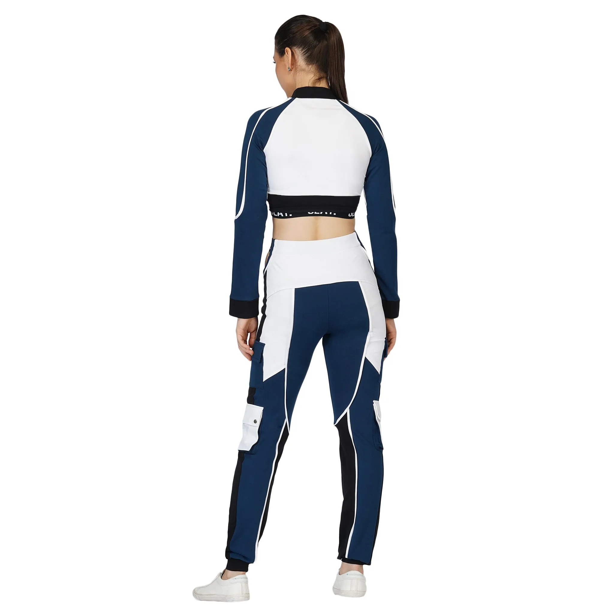 SLAY. Women's Navy Blue Activewear High Waist Blue Colorblock Cargo Jogger Pants