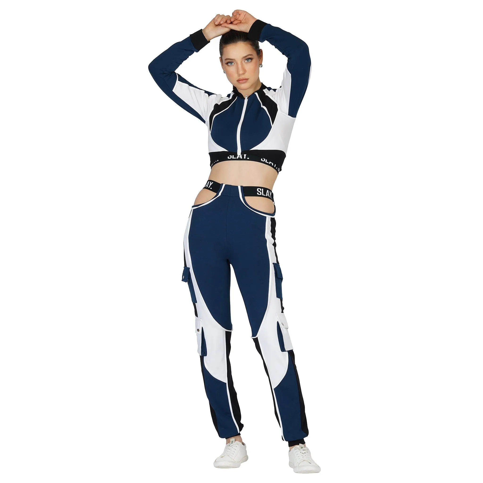 SLAY. Women's Navy Blue Activewear High Waist Blue Colorblock Cargo Jogger Pants