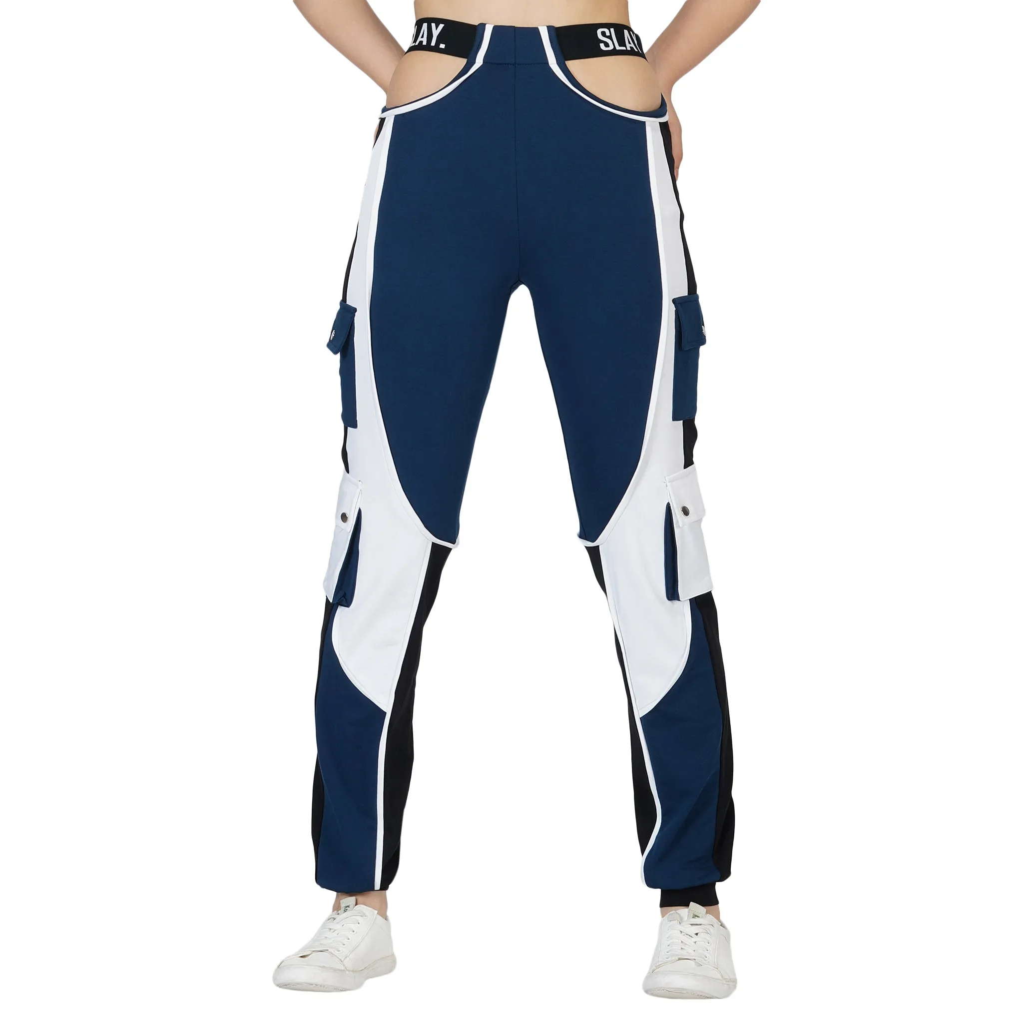 SLAY. Women's Navy Blue Activewear High Waist Blue Colorblock Cargo Jogger Pants