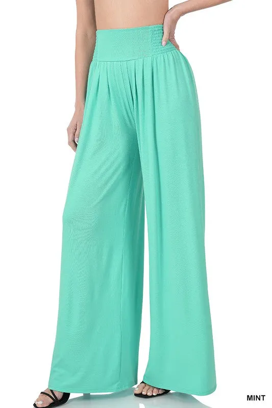 SMOCKED WAIST WIDE LEG PANTS