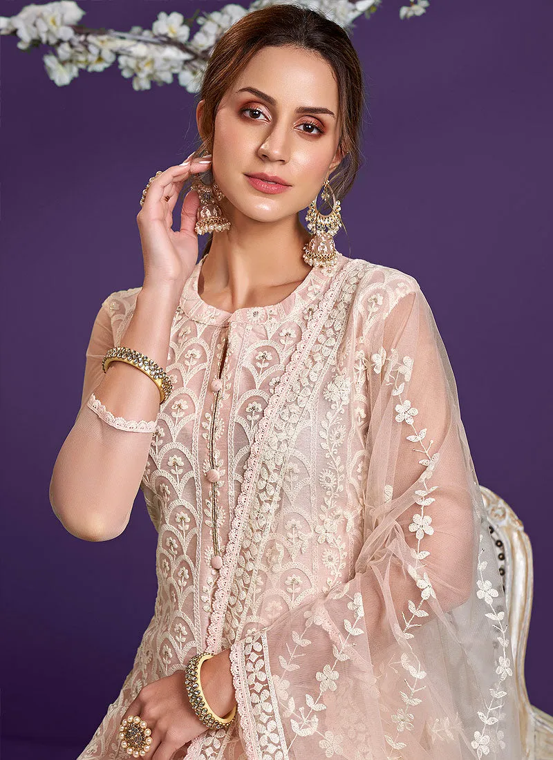 Soft Pink Lucknowi Embroidery Designer Pant Style Suit