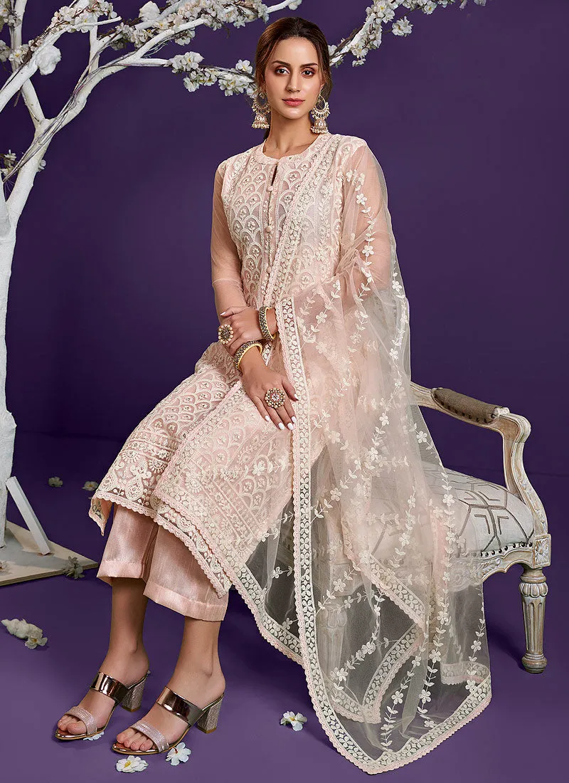 Soft Pink Lucknowi Embroidery Designer Pant Style Suit