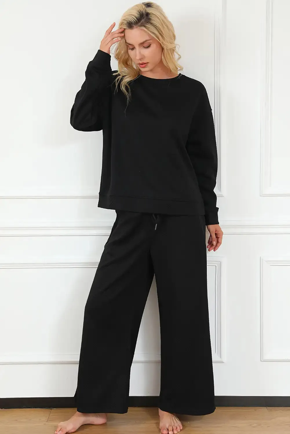 Textured Black Two Piece Slouchy Outfit