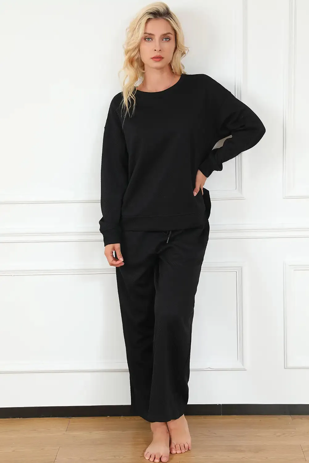 Textured Black Two Piece Slouchy Outfit