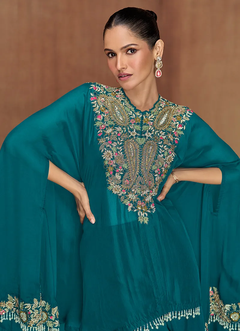 Turquoise Multi Embroidery Poncho Style Pant Suit