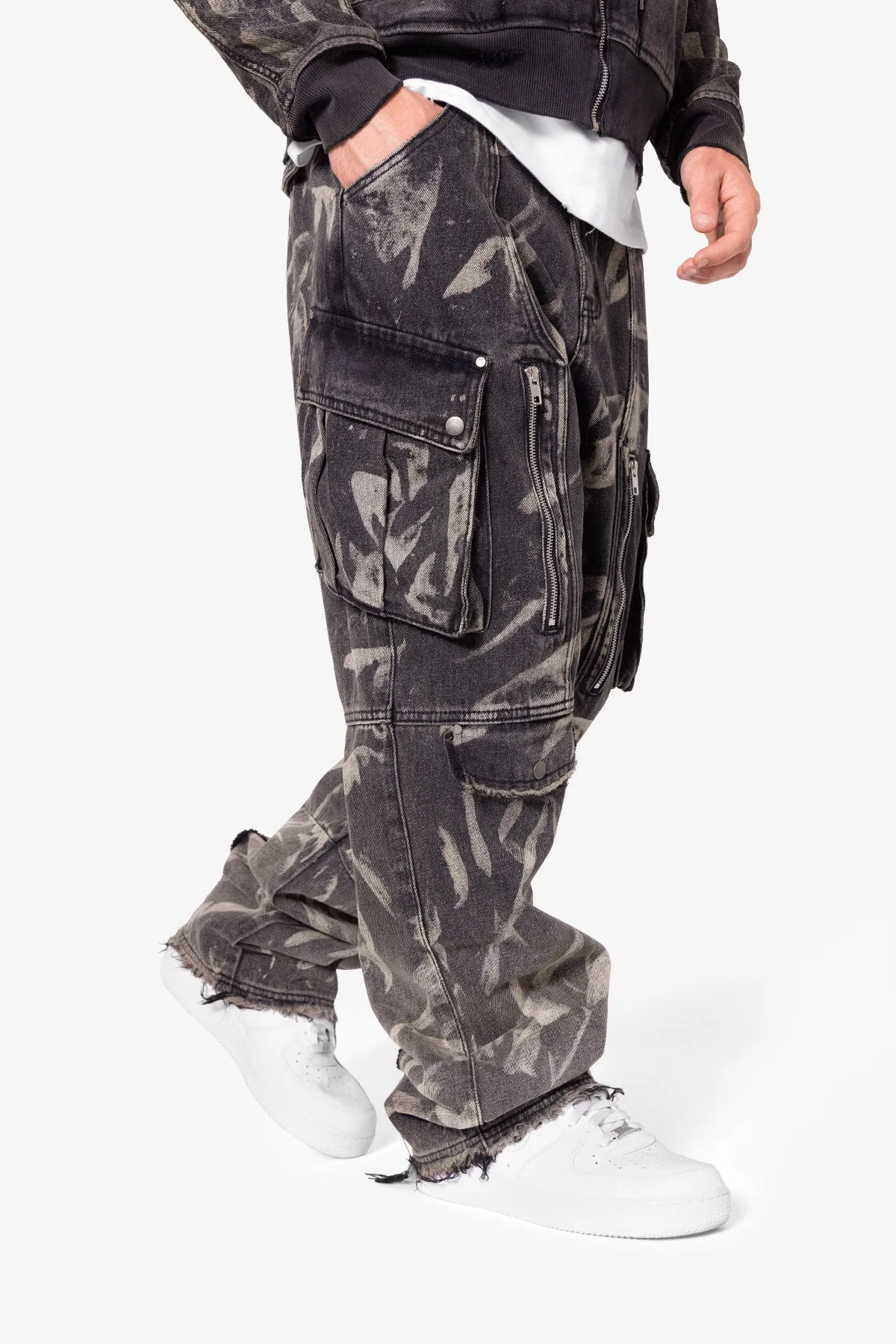 Ultra Baggy Rippled Denim Cargo Pants - Black