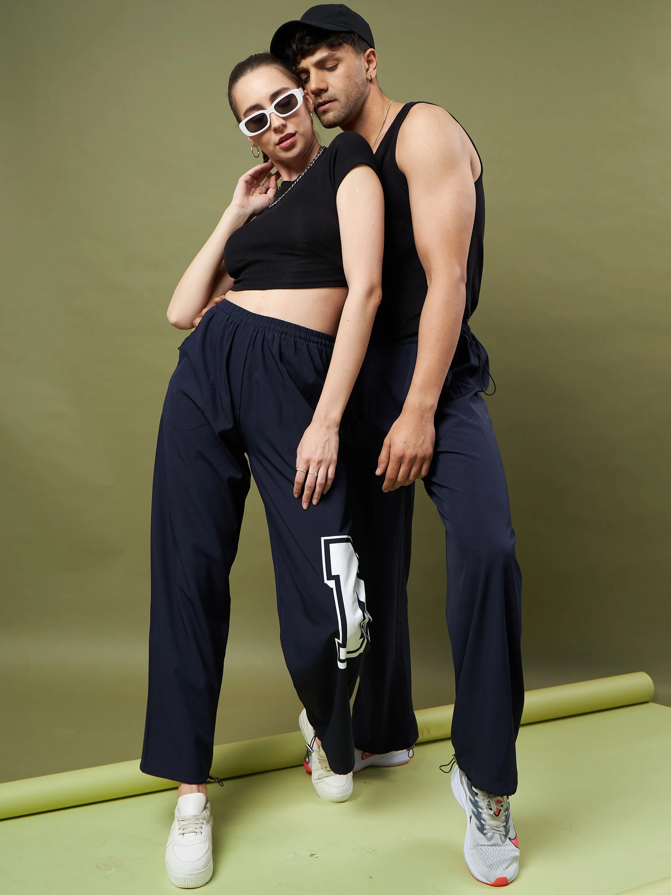 Unisex Navy Printed Parachute Track Pants