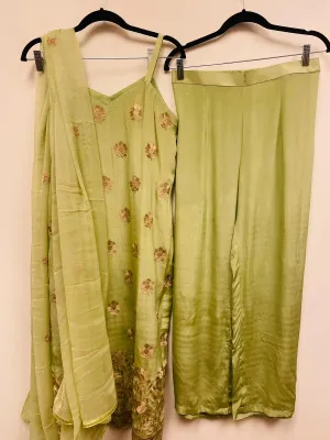 VSS126 - Pure Crepe Suit in Light Green with Spaghetti Sleeves. Comes with Straight Pants and Pure Chiffon Dupatta