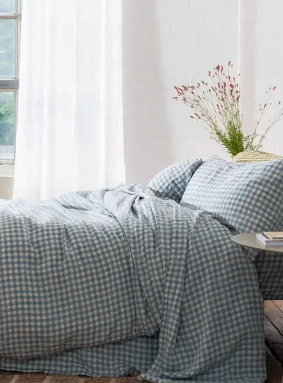 Warm Blue Gingham Linen & Cotton Blend Duvet Cover