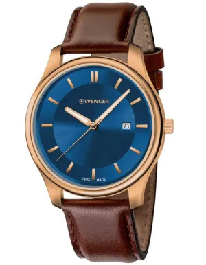 Wenger Mens City Classic Watch - Blue Dial - Rose Gold-Tone- Brown Strap - Date