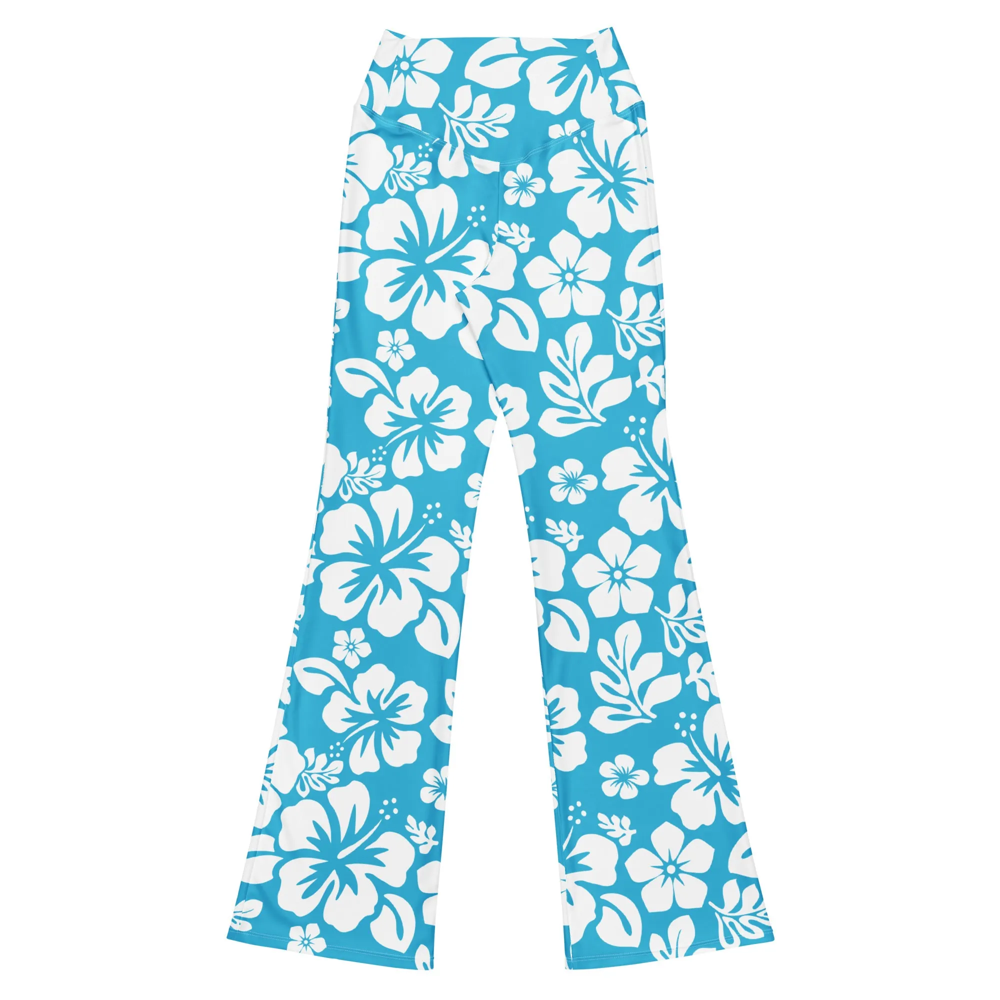 White and Aqua Blue Hawaiian Flowers Flare Leggings