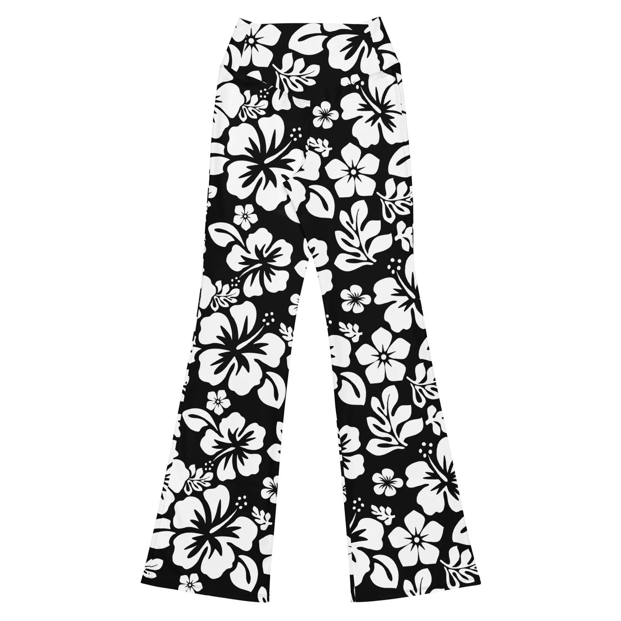 White and Black Hawaiian Flowers Flare Leggings