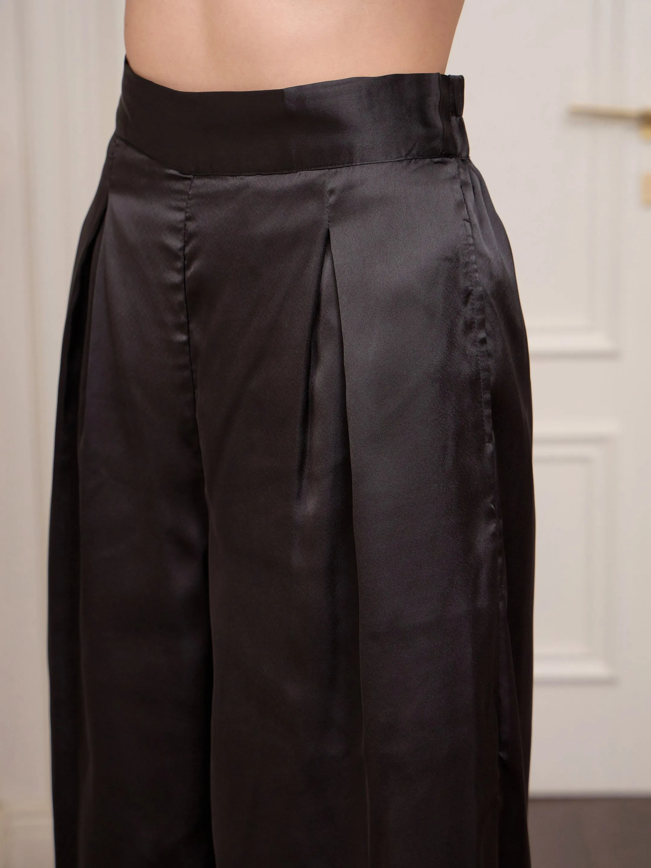 Women Black Satin Longline Shirt With Lounge Pants