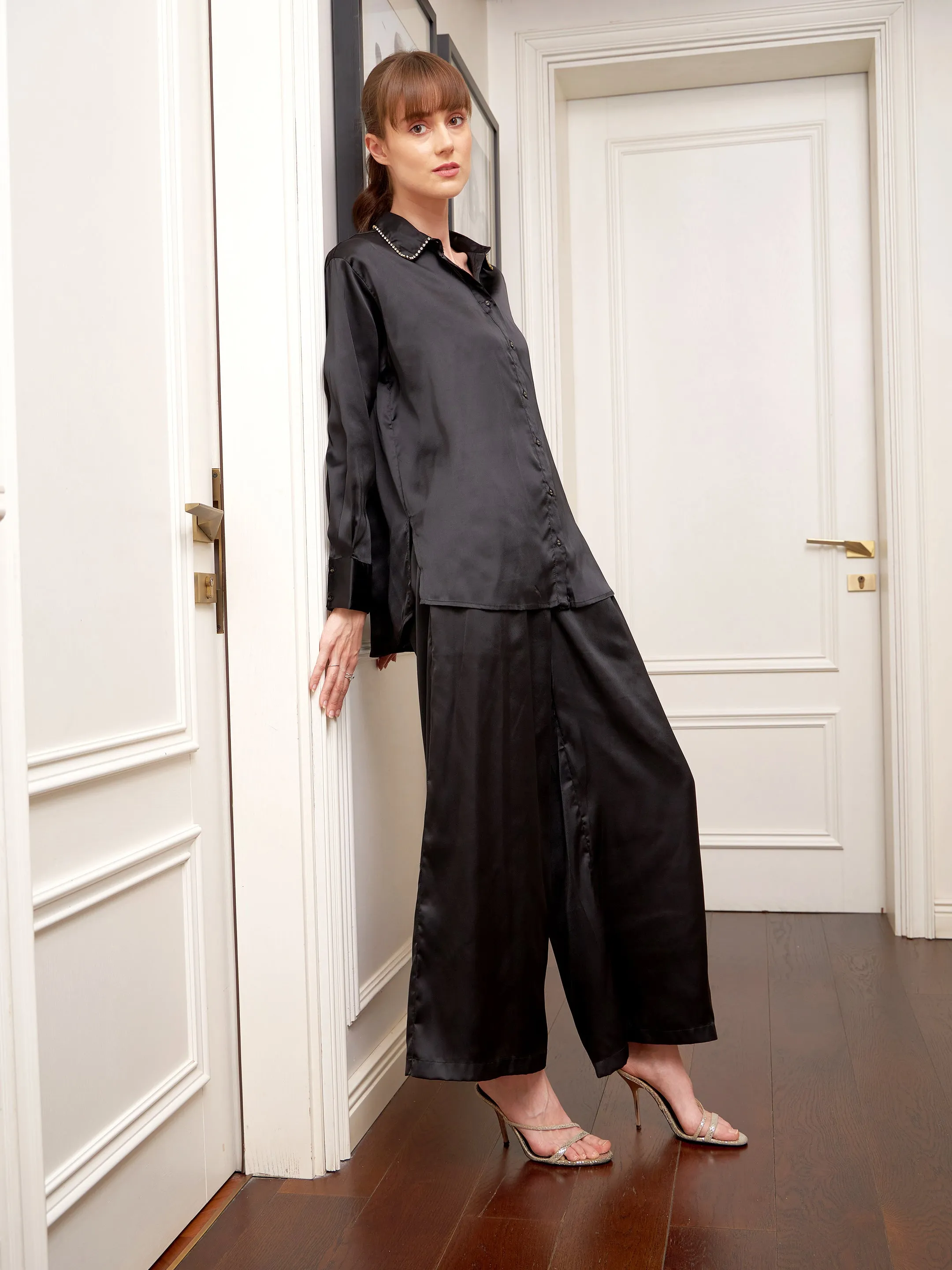 Women Black Satin Longline Shirt With Lounge Pants