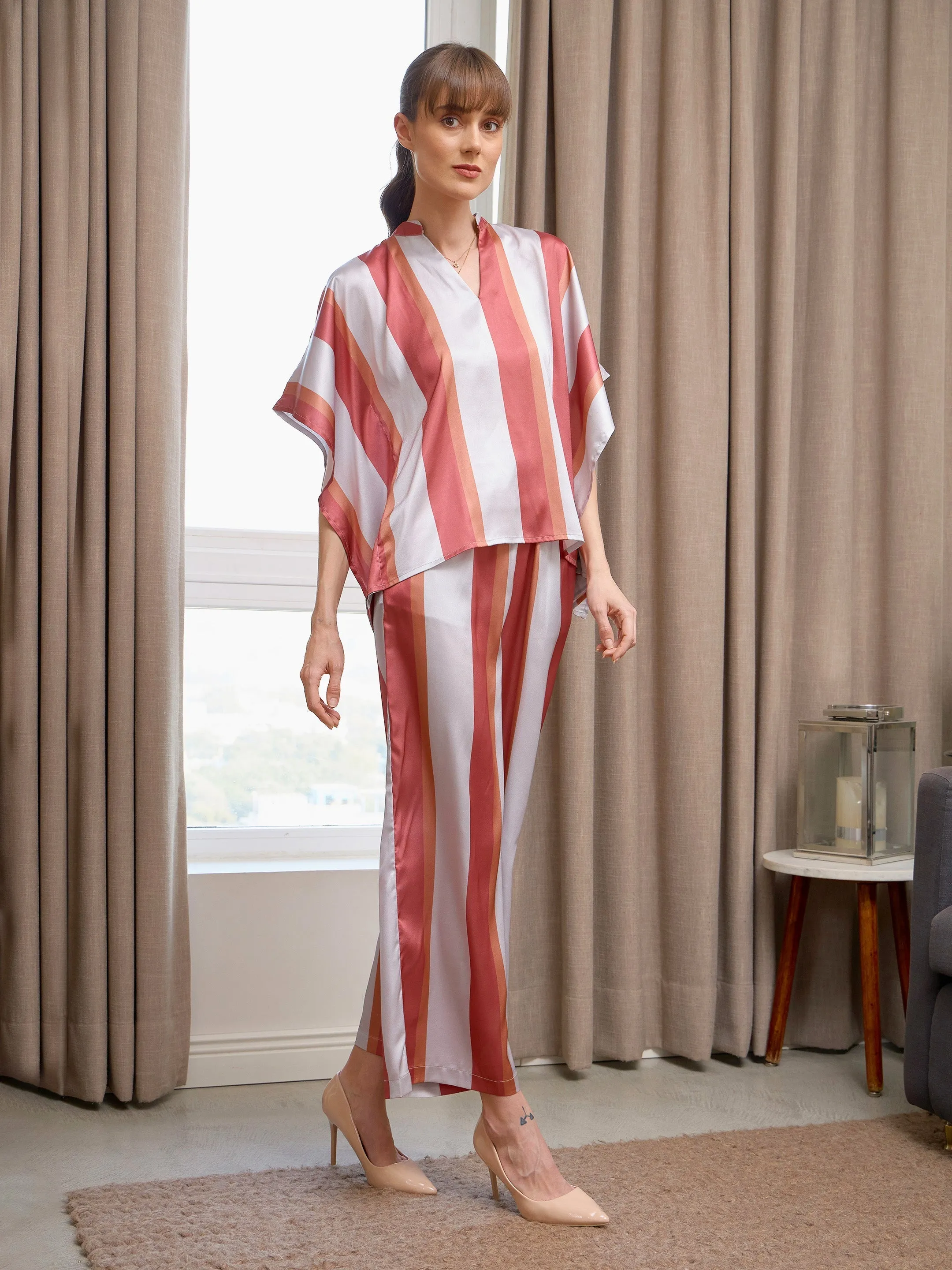 Women Coral Satin Stripe Kaftan Top With Lounge Pants