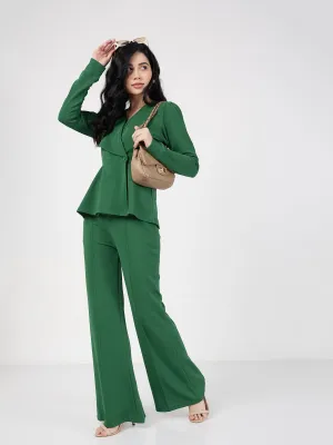 Women Green Wrap Peplum Top With Bellbottom Pants