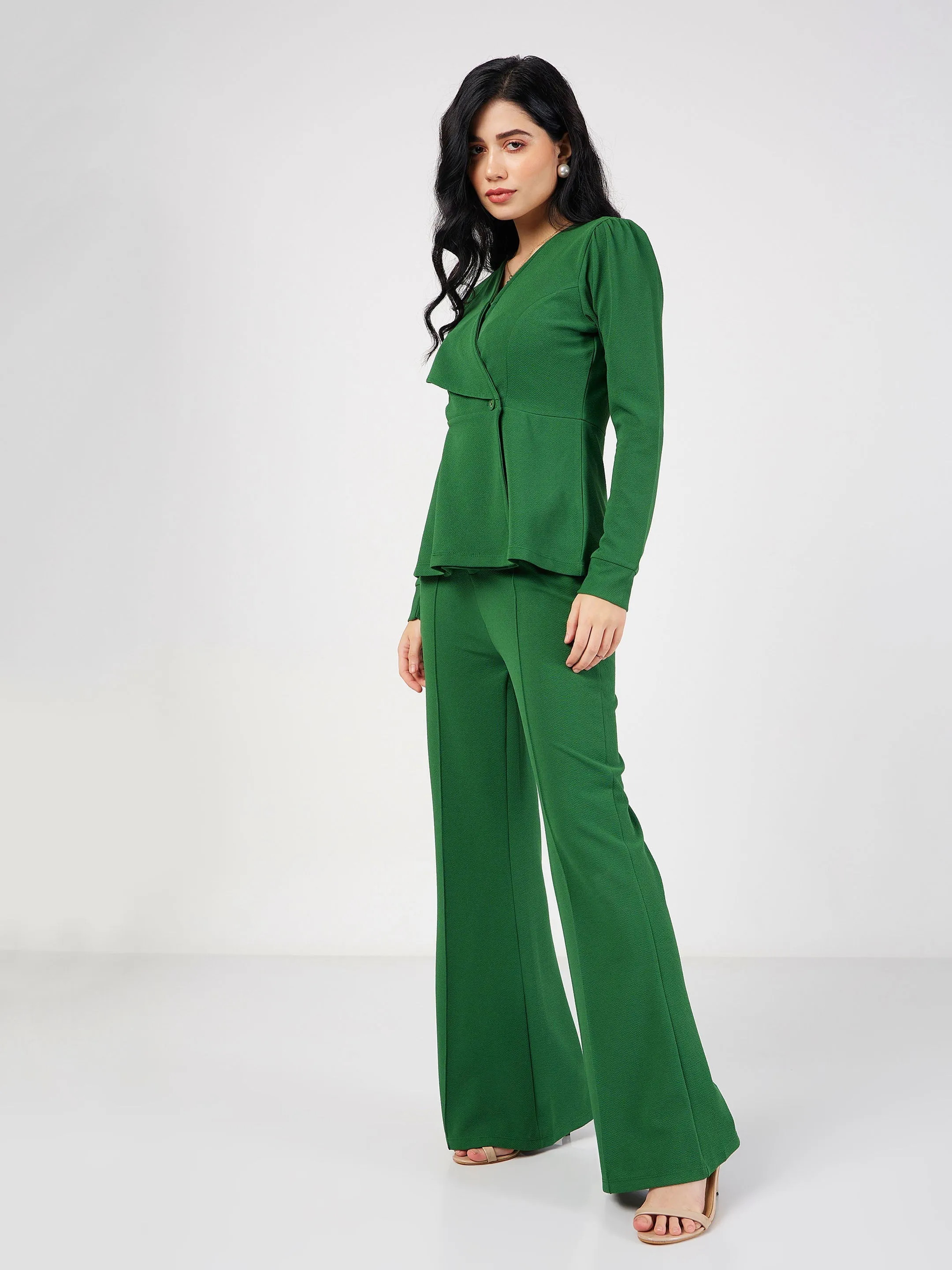 Women Green Wrap Peplum Top With Bellbottom Pants