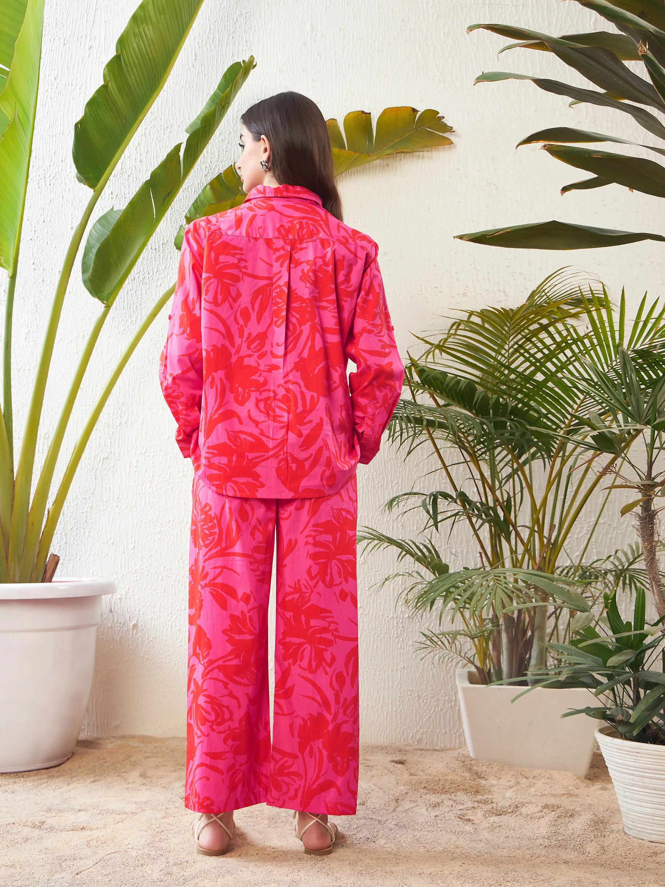 Women Magenta Floral Shirt With Lounge Pants