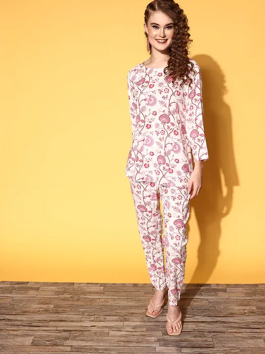 Women Pink Floral A Line Top With Pencil Pants