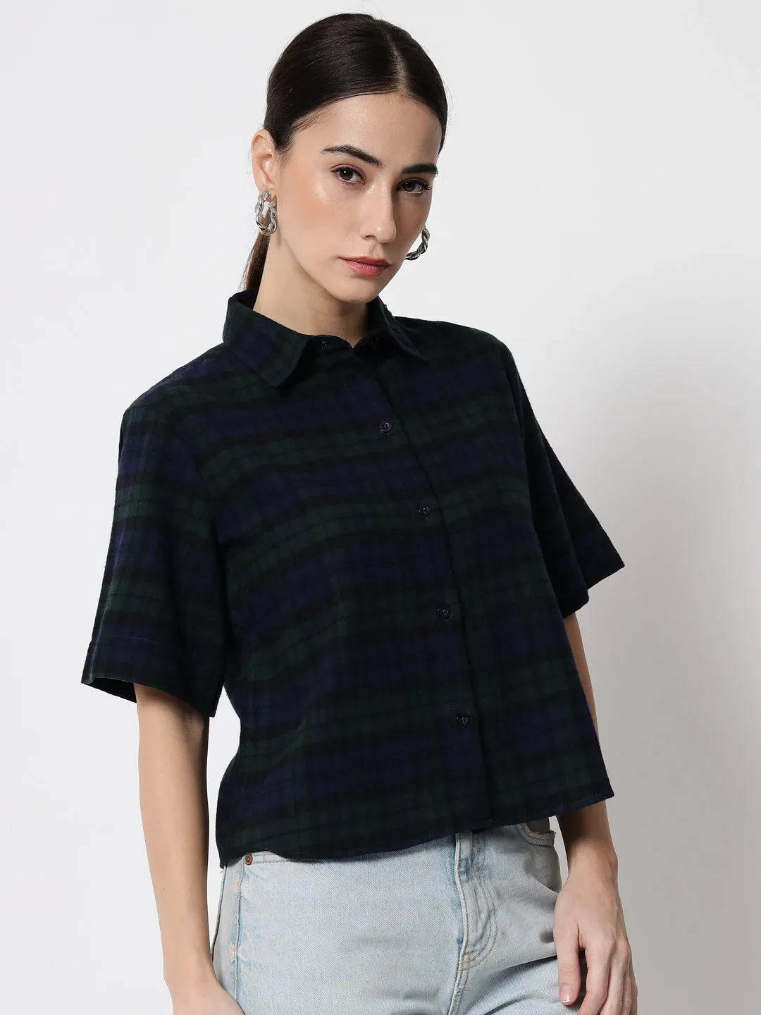 Women Tartan Checked Crop Casual Shirt