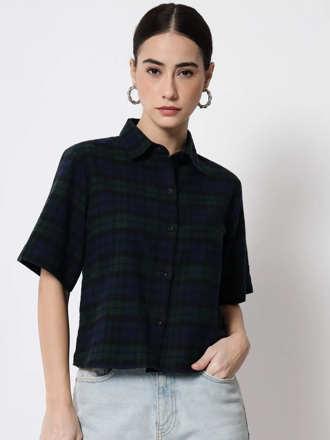 Women Tartan Checked Crop Casual Shirt