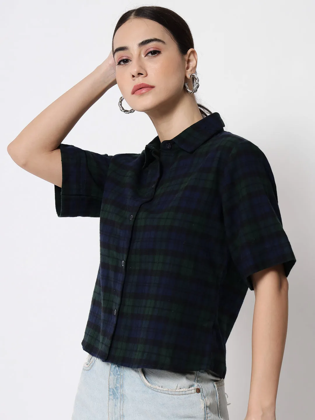 Women Tartan Checked Crop Casual Shirt