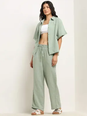 Wunderlove Light Green Crinkled Mid-Rise Beach Cotton Pants