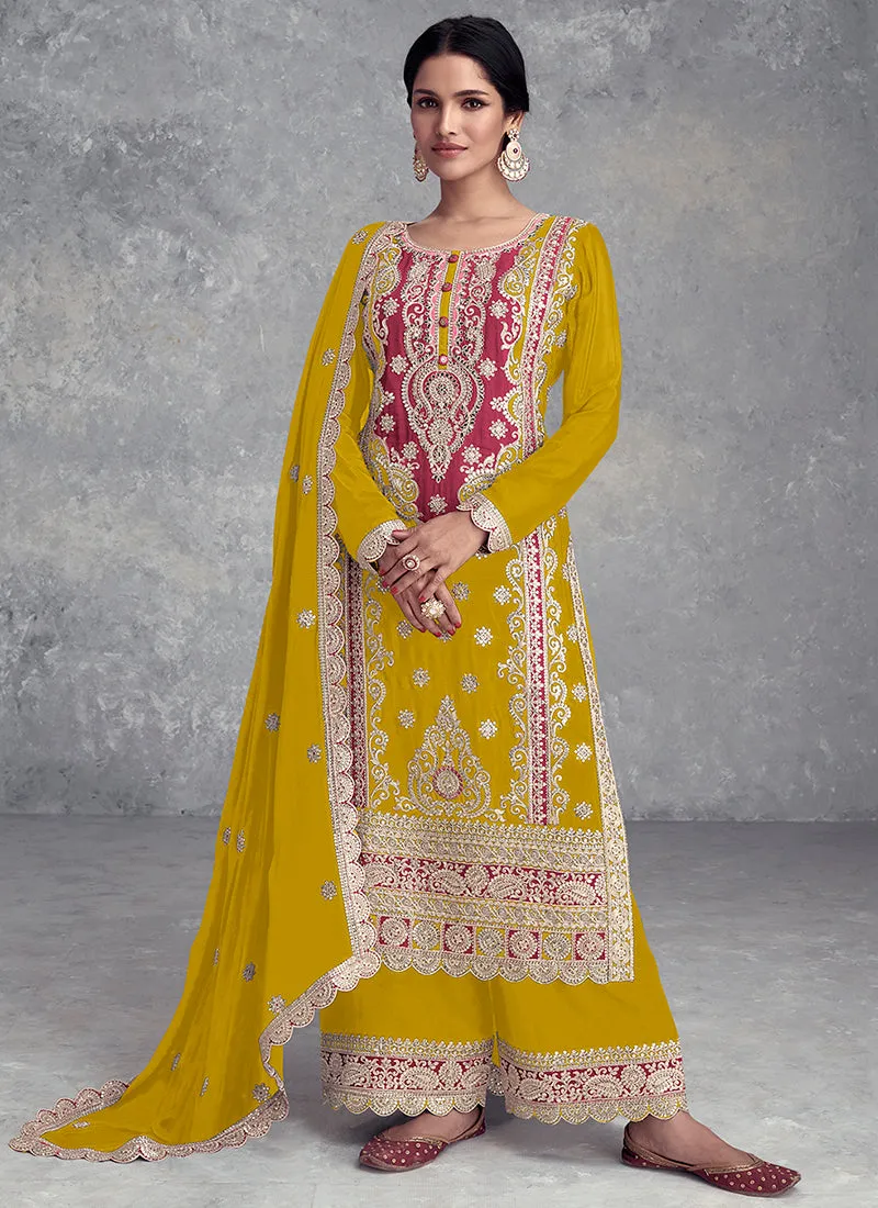 Yellow Embroidered Festive Palazzo Suit