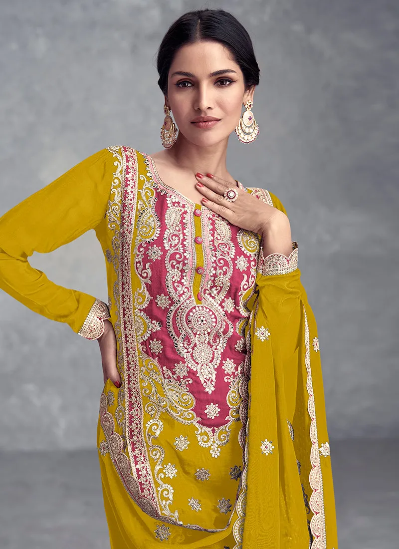 Yellow Embroidered Festive Palazzo Suit