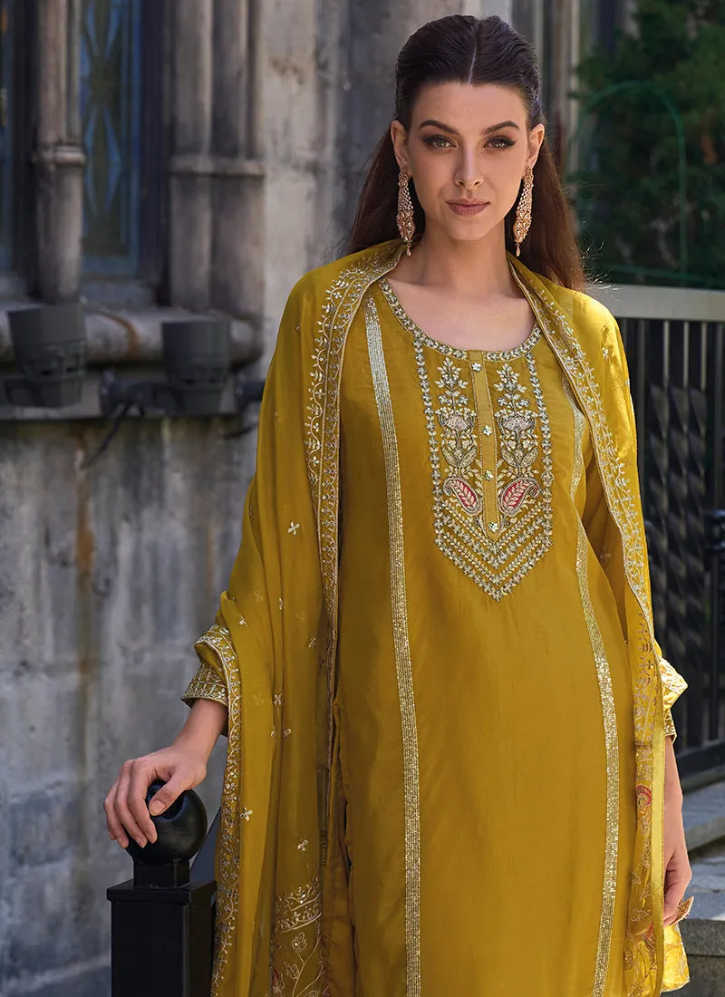 Yellow Multi Embroidered Pakistani Pant Style Suit