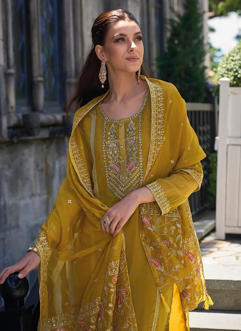 Yellow Multi Embroidered Pakistani Pant Style Suit